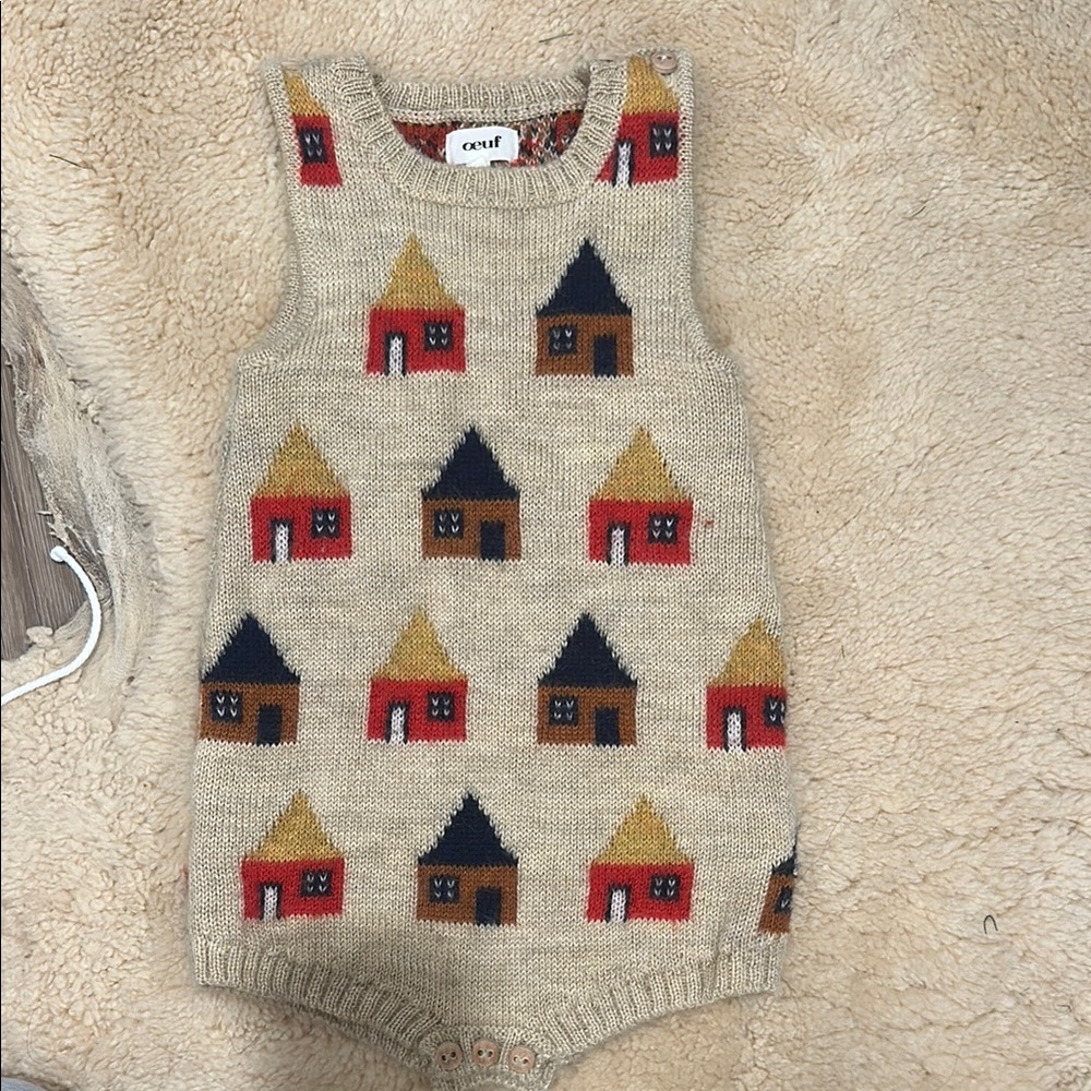 Oeuf Cream Knit Baby Romper with Colorful House Design